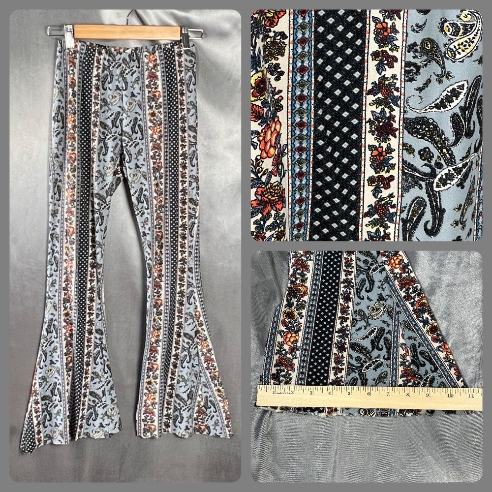 Tres Bien Blue Paisley Floral Striped Flare Bell Bottom Festival Pants Small USA